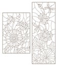 Contour set with illustrations of stained glass with flowers, sunflowers and Lotus flowers with dragonflies , dark outline on a w