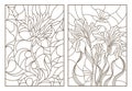 Contour set with illustrations of stained glass with flowers, thistles and irises with butterflies