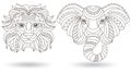 Contour set with  illustrations of stained glass heads of an elephant and a lion, dark outlines on a white background Royalty Free Stock Photo