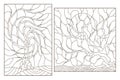 Contour set with illustrations of stained glass with the image of the trees, dark contours on white background