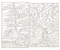 Contour set with illustrations of the stained glass of landscapes with trees