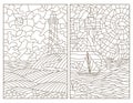 Contour set with illustrations of stained glass seascapes, lighthouses and ships Royalty Free Stock Photo