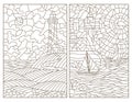 Contour set with illustrations of stained glass seascapes, lighthouses and ships