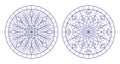 Contour set with illustrations of stained glass with snowflakes in the framework ,round image Royalty Free Stock Photo