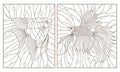 Contour set with illustrations in the stained glass style aquarium fish fish and scalars , dark contours on white backgroun