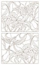 Contour set illustrations in the stained glass style butterfly and Hummingbird and Lily flower Royalty Free Stock Photo