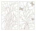 Contour set of illustrations in the stained glass style, snowdrops and tulips with butterflies, dark outline on a white backgroun