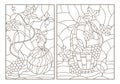 Contour set with illustrations in stained glass style with still lifes, fruits, berries and crockery, dark outlines on white backg Royalty Free Stock Photo