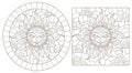 Contour set with  illustrations of stained glass sun with face, oval and square image, dark outline on a white background , isolat Royalty Free Stock Photo