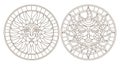 Contour set with illustrations of stained glass sun with face, round image, dark outline on a white background , isolate