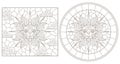 Contour set with   illustrations of stained glass sun with face, round and square image, dark outline on a white background , isol Royalty Free Stock Photo