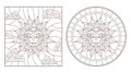 Contour set with illustrations of stained glass sun with face, round and square image, dark outline on a white background , isola Royalty Free Stock Photo