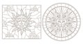 Contour set with illustrations of stained glass sun with face, round and square image, dark outline on a white background , isolat Royalty Free Stock Photo