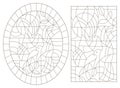 Contour set with illustrations of stained glass Windows with abstract doves, dark contours on a white background Royalty Free Stock Photo