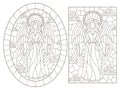 Contour Set With  Illustrations Of Stained Glass Windows With Angels On A Cloudy Sky Background, Dark Contours On A White Backgrou