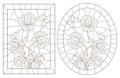 Contour set with illustrations of stained glass Windows with clover and butterflies in frames, dark contours on a white backgroun
