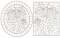 Contour set with illustrations of stained glass Windows with currant branches, dark outlines on a white background