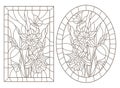 Contour set with illustrations of stained glass Windows with daffodils and butterflies flowers, round and rectangular image, dark
