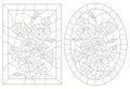 Contour set with illustrations of stained glass Windows with daisys in frames, dark contours on a white background, oval and rect Royalty Free Stock Photo