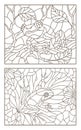 Contour set with illustrations of stained glass Windows with frogs on plants, dark contours on a light background