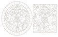 Contour set with illustrations of stained glass Windows with funny cartoon raccoones and flowers, dark outlines on a white backg