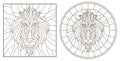 Contour set with illustrations of stained glass Windows with monkey heads, round and square image, dark contours on a white backg