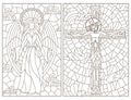 Contour set with illustrations of stained glass Windows on religious theme, Jesus Christ and angel, dark contours on white backgr