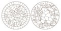 Contour set with illustrations of stained-glass Windows with a rose and a loach, dark contours on a white background, round imag