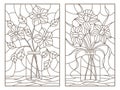 Contour set with illustrations of stained glass Windows with still lifes with bouquets of flowers in banks, dark contours on a l Royalty Free Stock Photo