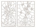 Contour set with illustrations of the stained glass Windows with still lifes , flowers in vases and fruit