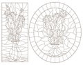 Contour set with  illustrations of stained glass Windows with still lifes, vases with iris flowers, dark outlines on a white backg Royalty Free Stock Photo