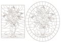 Contour set with   illustrations of stained glass Windows with still lifes, vases with rose flowers, dark outlines on a white back Royalty Free Stock Photo