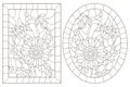Contour set with illustrations of stained glass Windows with sunflowers in frames, dark contours on a white background, oval and Royalty Free Stock Photo