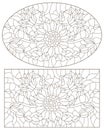 Contour set with   illustrations of stained glass Windows with sunflowers in frames, dark contours on a white background, oval and Royalty Free Stock Photo