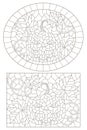 Contour set with  illustrations of stained glass Windows on the theme of Halloween with pumpkins , dark contours on a white backgr Royalty Free Stock Photo