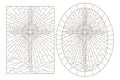 Contour set with  illustrations of stained glasses with Christian cross, oval and rectangular image Royalty Free Stock Photo