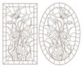 Contour set with illustrations in the style of stained glass with flowers bells and a butterfly, oval and rectangular image in the Royalty Free Stock Photo