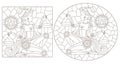 Contour set with  illustrations in the style of stained glass with steam punk zodiac signs Libra, dark outlines on a white backgro Royalty Free Stock Photo