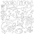 Contour set with marine life, funny dark outline cartoon animals on a white background , coloring book Royalty Free Stock Photo