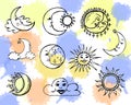 contour set of moon, sun and clouds, colored blurred background