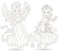 Contour set with a Princess and an angel, dark outlines isolated on a white background