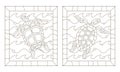 Contour set with sea turtles into the waves, a dark outline on a white background