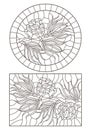 Contour set with  stained glass illustrations with cedar cone on a branch , dark outlines on white background Royalty Free Stock Photo
