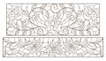 Contour set with stained glass illustrations with floral arrangements and roses, dark outlines on a white background, horizontal