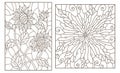 Contour set with stained glass illustrations with flowers, sunflowers and abstract flower, dark outlines on white background Royalty Free Stock Photo