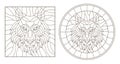 Contour set with stained glass illustrations with wolf head, round and square image, dark outline on white background