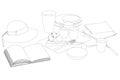 Contour of set on the table with ladies hat, open book, plates, glasses, cutting board, cutlery from black lines