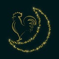 Contour silhouette of a rooster depicted on abstract Crescent. new year background