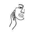 The contour silhouette of a woman with a hand near the face. Fashionable minimalist design. Vector illustration isolated on white