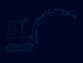 Contour of a small excavator made of blue lines with glowing lights on a dark background. Vector illustration